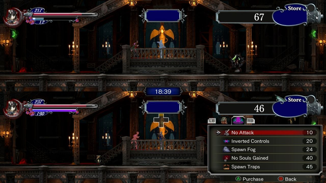 A split-screen setup for versus mode in Bloodstained